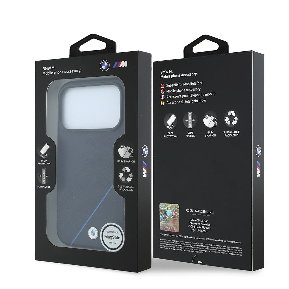 iPhone 18 Pro Max Kılıf BMW Orijinal Lisanslı M-safe Şarj Özellikli M Logolu Lastik İzi Desenli Mavi Çizgili Kılıf