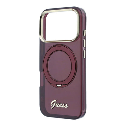 iPhone 18 Pro Max Kılıf Guess Orijinal Lisanslı M-safe Şarj Özellikli 360 Derece Dönebilen Standlı Metal Yazı Logolu Silikon Kılıf