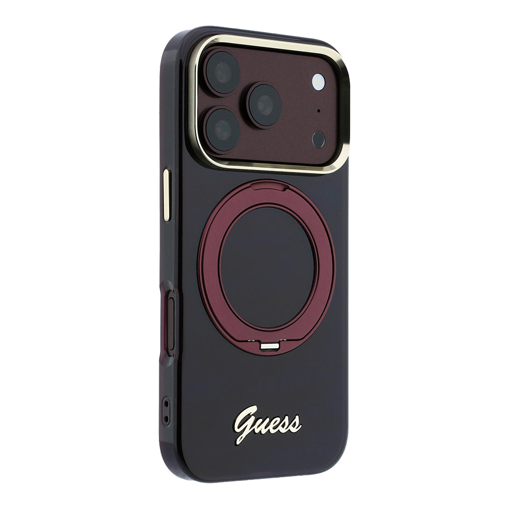 iPhone 18 Pro Max Kılıf Guess Orijinal Lisanslı M-safe Şarj Özellikli 360 Derece Dönebilen Standlı Metal Yazı Logolu Silikon Kılıf