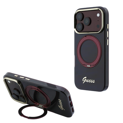 iPhone 18 Pro Max Kılıf Guess Orijinal Lisanslı M-safe Şarj Özellikli 360 Derece Dönebilen Standlı Metal Yazı Logolu Silikon Kılıf