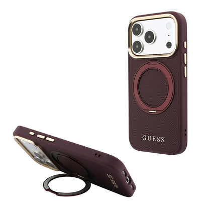iPhone 18 Pro Max Kılıf Guess Orijinal Lisanslı M-safe Şarj Özellikli 360 Derece Dönebilen Standlı PU Metal Yazı Logolu Kılıf
