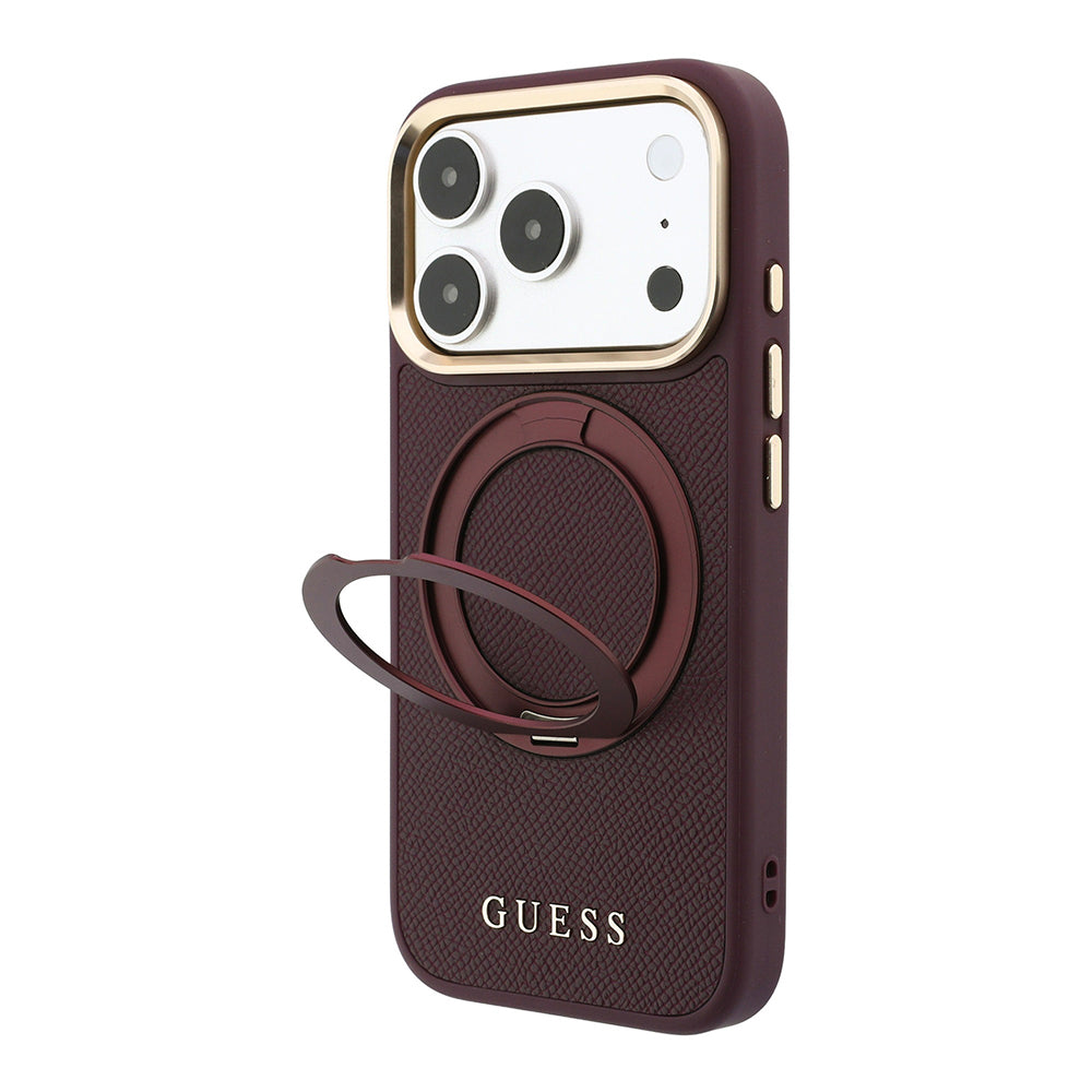 iPhone 18 Pro Max Kılıf Guess Orijinal Lisanslı M-safe Şarj Özellikli 360 Derece Dönebilen Standlı PU Metal Yazı Logolu Kılıf