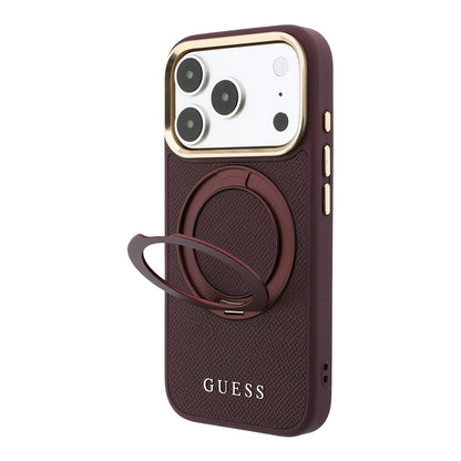iPhone 18 Pro Max Kılıf Guess Orijinal Lisanslı M-safe Şarj Özellikli 360 Derece Dönebilen Standlı PU Metal Yazı Logolu Kılıf