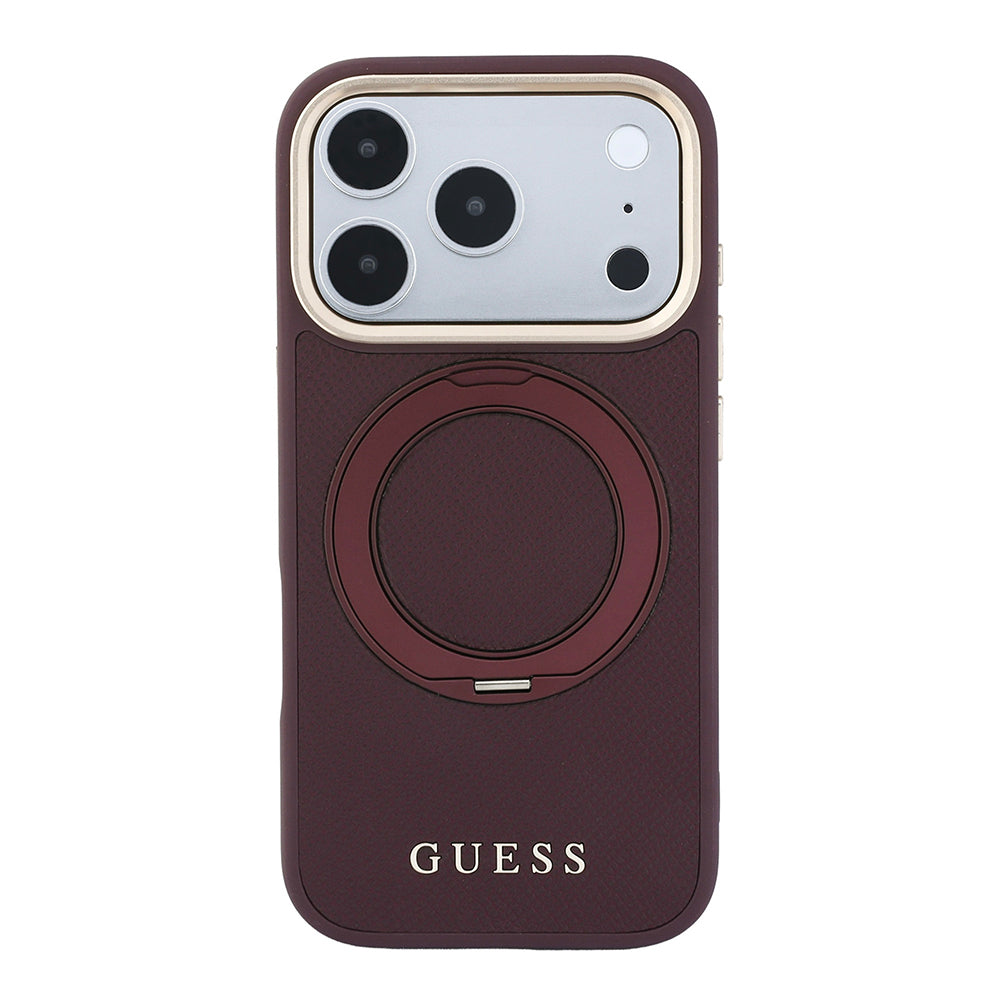 iPhone 18 Pro Max Kılıf Guess Orijinal Lisanslı M-safe Şarj Özellikli 360 Derece Dönebilen Standlı PU Metal Yazı Logolu Kılıf