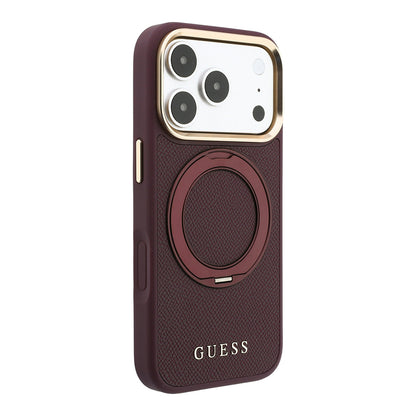 iPhone 18 Pro Max Kılıf Guess Orijinal Lisanslı M-safe Şarj Özellikli 360 Derece Dönebilen Standlı PU Metal Yazı Logolu Kılıf