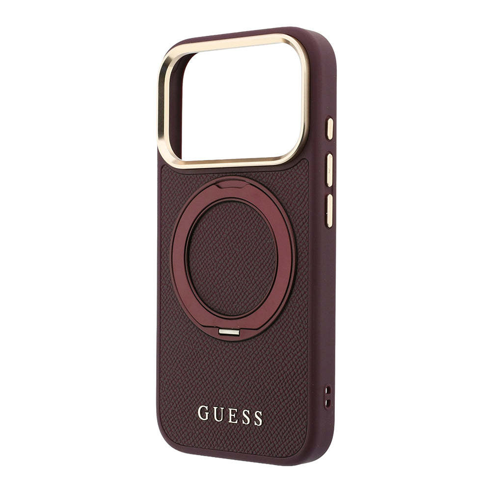 iPhone 18 Pro Max Kılıf Guess Orijinal Lisanslı M-safe Şarj Özellikli 360 Derece Dönebilen Standlı PU Metal Yazı Logolu Kılıf