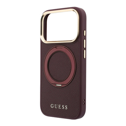 iPhone 18 Pro Max Kılıf Guess Orijinal Lisanslı M-safe Şarj Özellikli 360 Derece Dönebilen Standlı PU Metal Yazı Logolu Kılıf