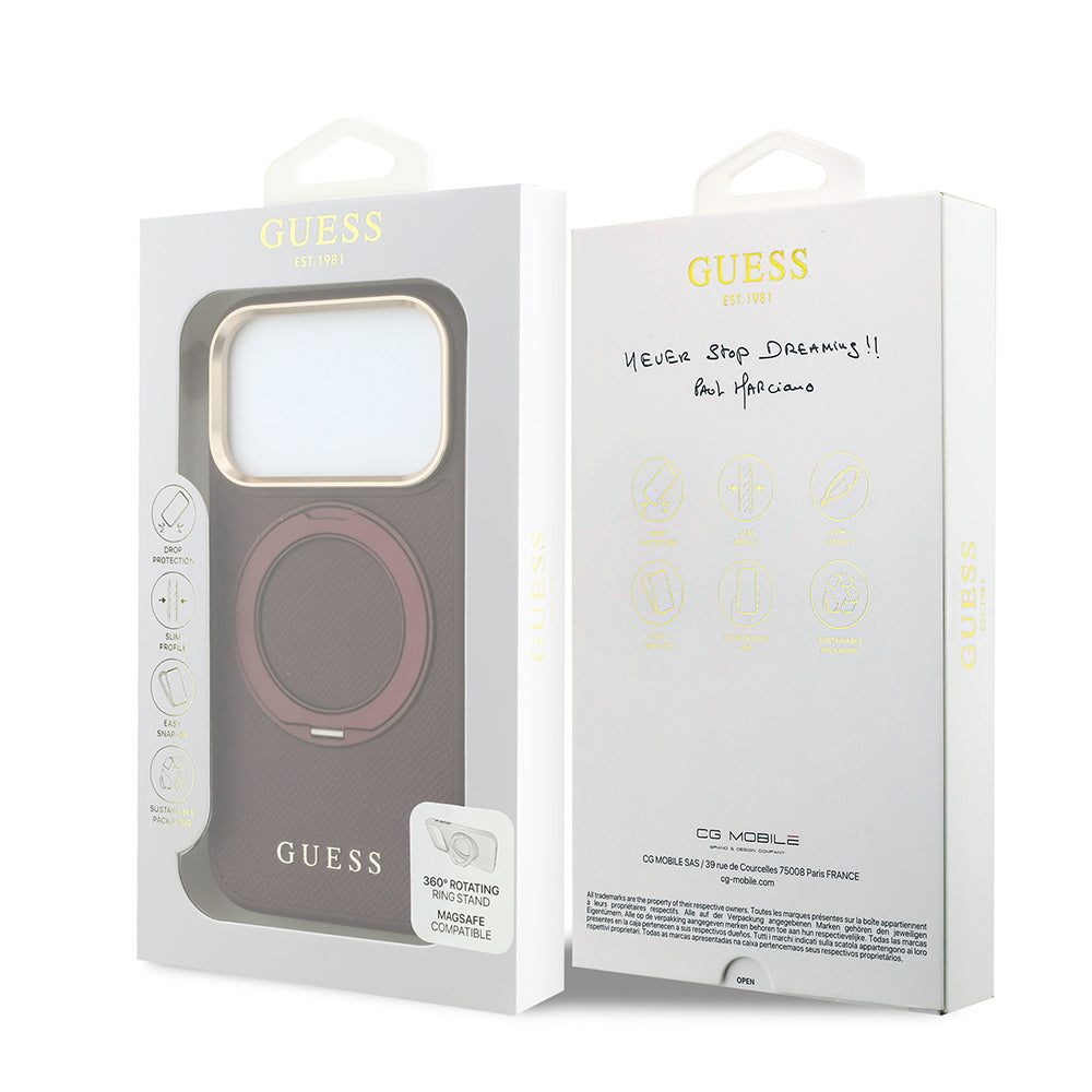 iPhone 18 Pro Max Kılıf Guess Orijinal Lisanslı M-safe Şarj Özellikli 360 Derece Dönebilen Standlı PU Metal Yazı Logolu Kılıf