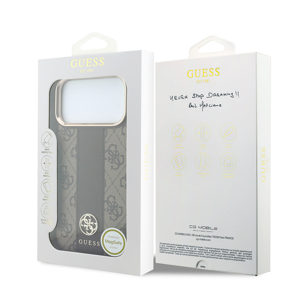 iPhone 18 Pro Max Kılıf Guess Orijinal Lisanslı M-safe Şarj Özellikli Deri 4G Desenli Şeritli Yazı Logolu Kılıf