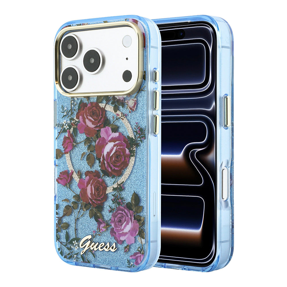 iPhone 18 Pro Max Kılıf Guess Orijinal Lisanslı M-safe Şarj Özellikli Gül Desenli Simli Yazı Logolu Kılıf