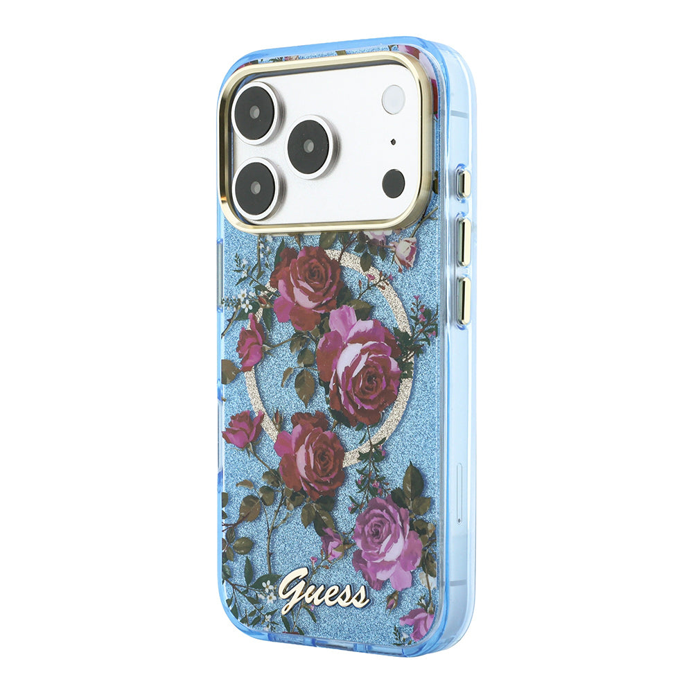 iPhone 18 Pro Max Kılıf Guess Orijinal Lisanslı M-safe Şarj Özellikli Gül Desenli Simli Yazı Logolu Kılıf