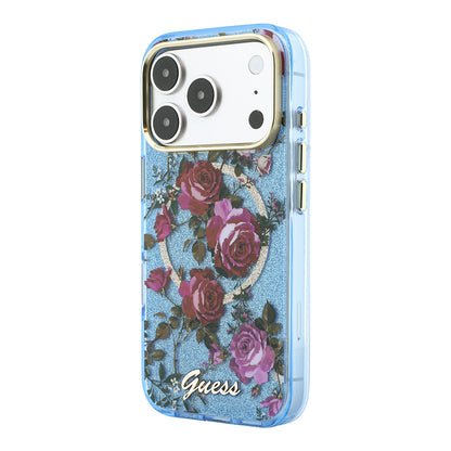iPhone 18 Pro Max Kılıf Guess Orijinal Lisanslı M-safe Şarj Özellikli Gül Desenli Simli Yazı Logolu Kılıf