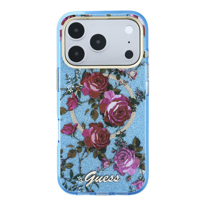 iPhone 18 Pro Max Kılıf Guess Orijinal Lisanslı M-safe Şarj Özellikli Gül Desenli Simli Yazı Logolu Kılıf