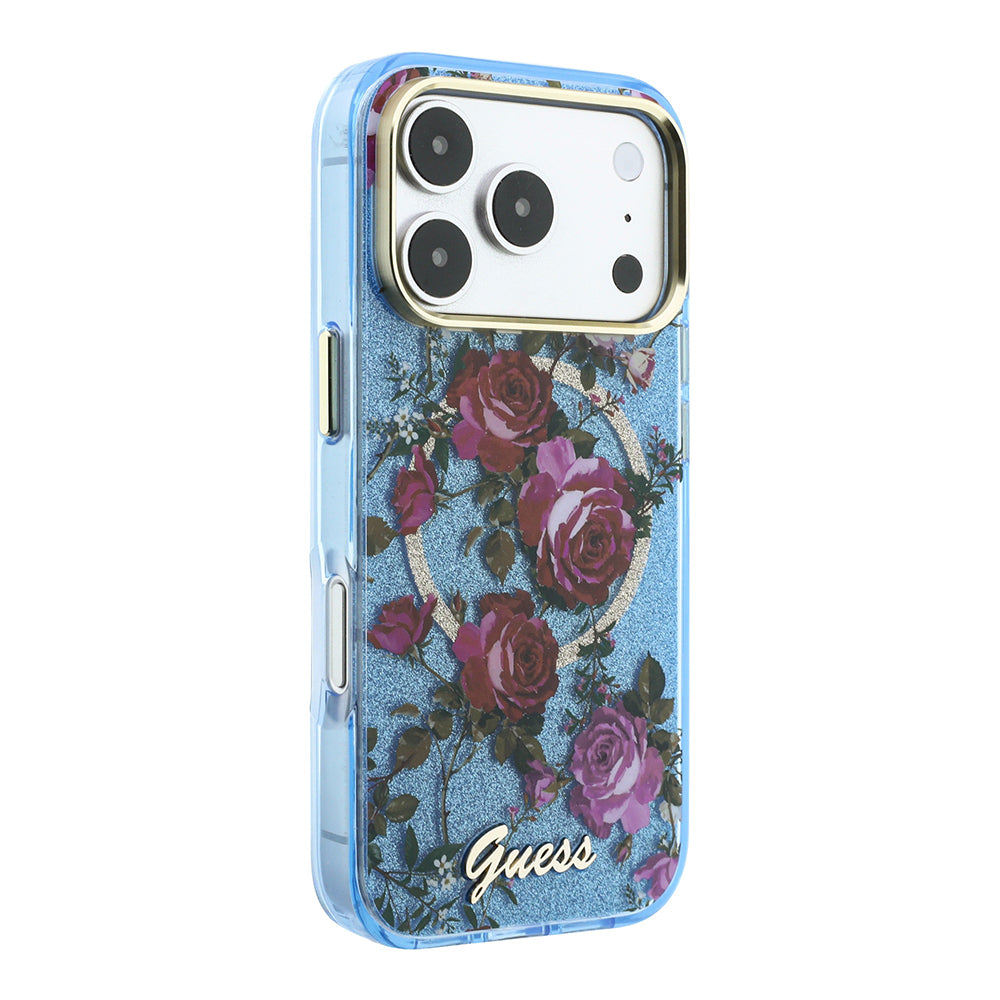 iPhone 18 Pro Max Kılıf Guess Orijinal Lisanslı M-safe Şarj Özellikli Gül Desenli Simli Yazı Logolu Kılıf