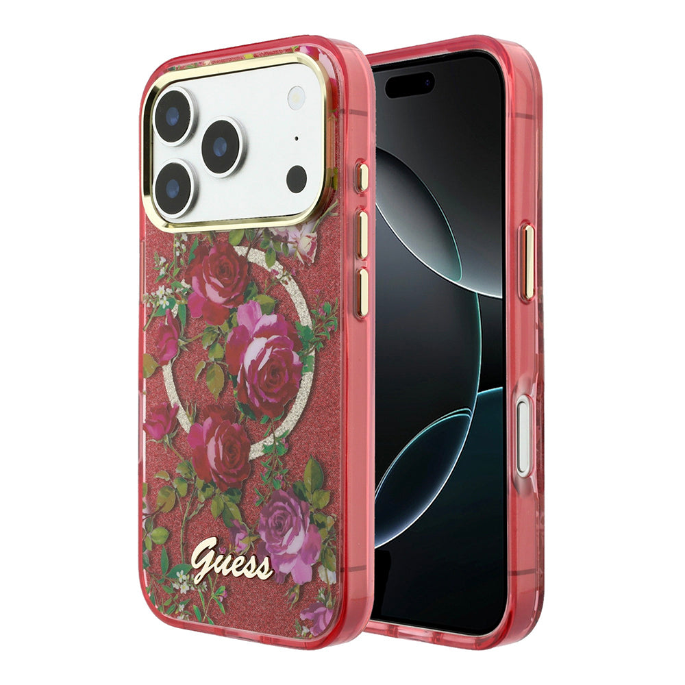 iPhone 18 Pro Max Kılıf Guess Orijinal Lisanslı M-safe Şarj Özellikli Gül Desenli Simli Yazı Logolu Kılıf