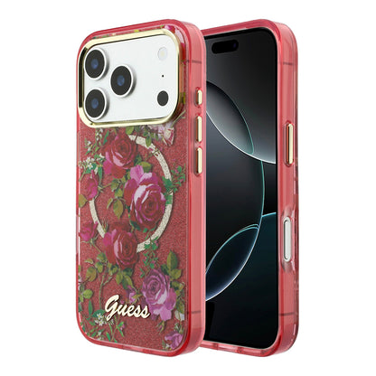 iPhone 18 Pro Max Kılıf Guess Orijinal Lisanslı M-safe Şarj Özellikli Gül Desenli Simli Yazı Logolu Kılıf