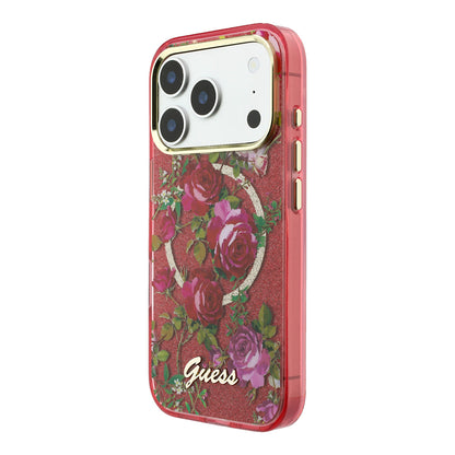 iPhone 18 Pro Max Kılıf Guess Orijinal Lisanslı M-safe Şarj Özellikli Gül Desenli Simli Yazı Logolu Kılıf