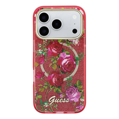 iPhone 18 Pro Max Kılıf Guess Orijinal Lisanslı M-safe Şarj Özellikli Gül Desenli Simli Yazı Logolu Kılıf