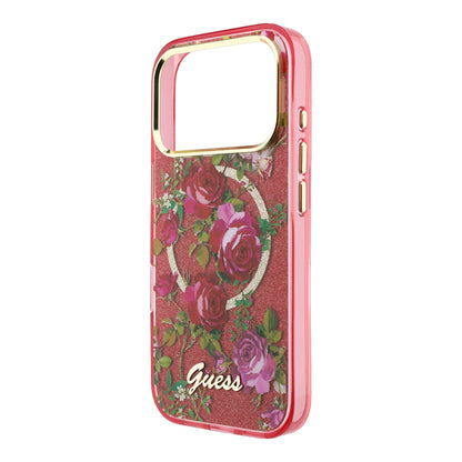 iPhone 18 Pro Max Kılıf Guess Orijinal Lisanslı M-safe Şarj Özellikli Gül Desenli Simli Yazı Logolu Kılıf