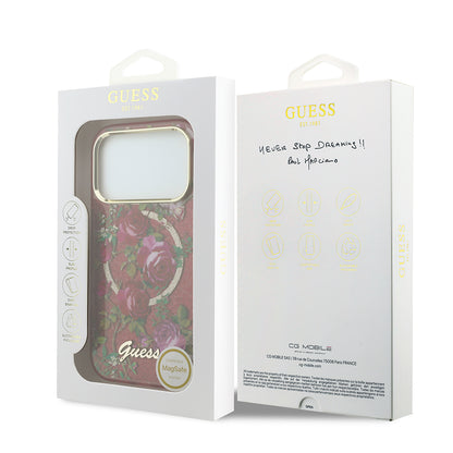 iPhone 18 Pro Max Kılıf Guess Orijinal Lisanslı M-safe Şarj Özellikli Gül Desenli Simli Yazı Logolu Kılıf