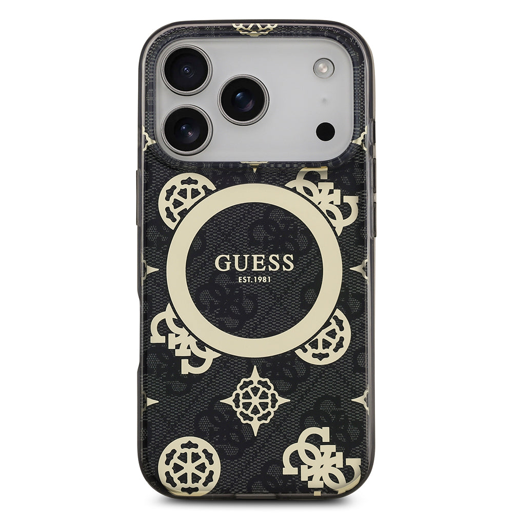 iPhone 18 Pro Max Kılıf Guess Orijinal Lisanslı M-safe Şarj Özellikli IML Peony ve 4G Desenli Klasik Logolu Kılıf