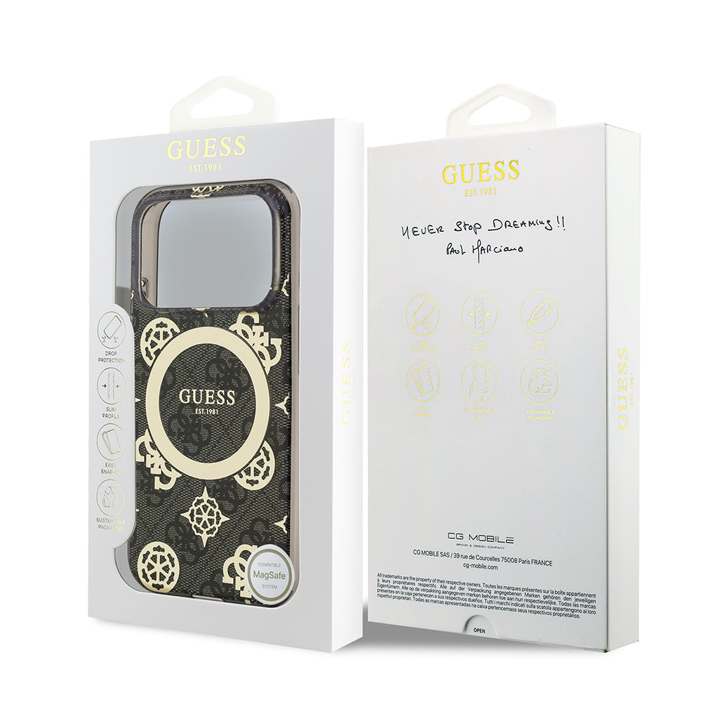 iPhone 18 Pro Max Kılıf Guess Orijinal Lisanslı M-safe Şarj Özellikli IML Peony ve 4G Desenli Klasik Logolu Kılıf