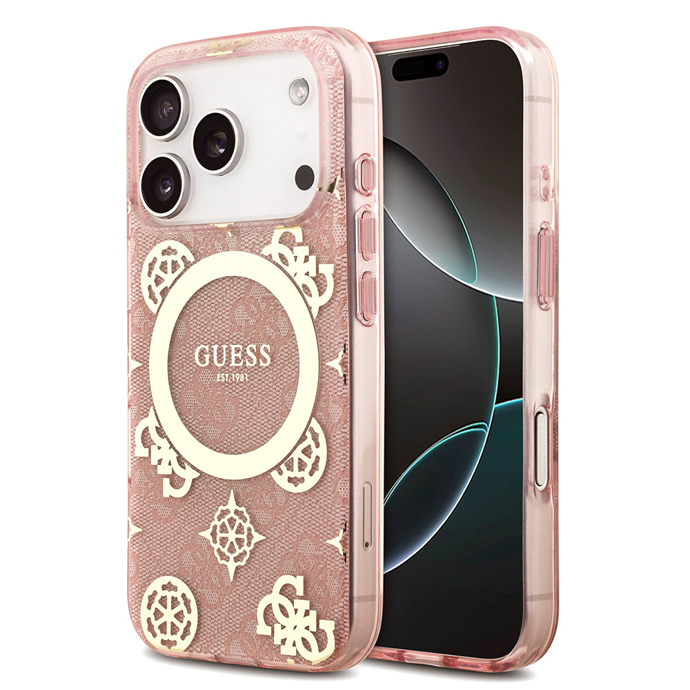 iPhone 18 Pro Max Kılıf Guess Orijinal Lisanslı M-safe Şarj Özellikli IML Peony ve 4G Desenli Klasik Logolu Kılıf