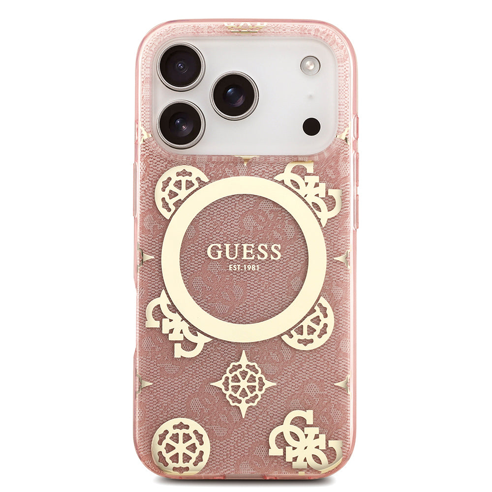 iPhone 18 Pro Max Kılıf Guess Orijinal Lisanslı M-safe Şarj Özellikli IML Peony ve 4G Desenli Klasik Logolu Kılıf