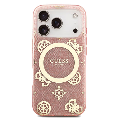 iPhone 18 Pro Max Kılıf Guess Orijinal Lisanslı M-safe Şarj Özellikli IML Peony ve 4G Desenli Klasik Logolu Kılıf