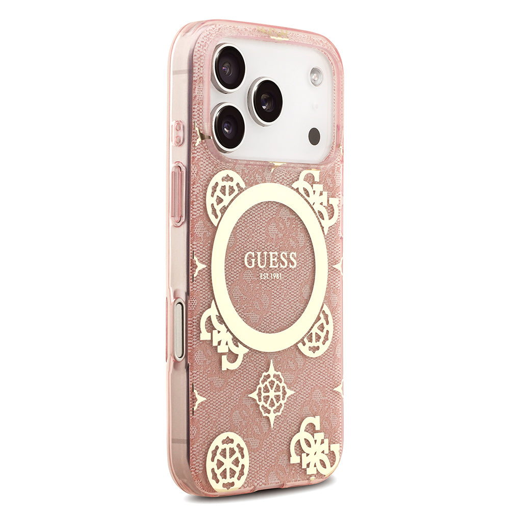iPhone 18 Pro Max Kılıf Guess Orijinal Lisanslı M-safe Şarj Özellikli IML Peony ve 4G Desenli Klasik Logolu Kılıf
