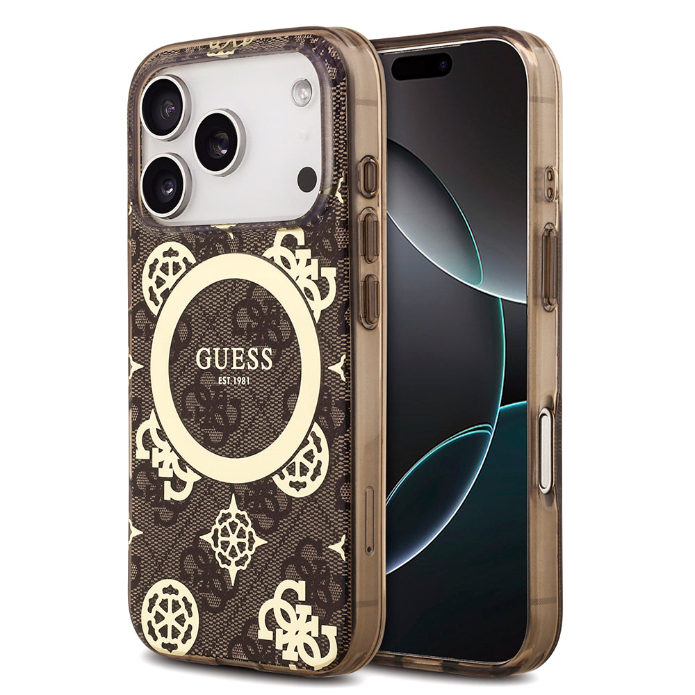 iPhone 18 Pro Max Kılıf Guess Orijinal Lisanslı M-safe Şarj Özellikli IML Peony ve 4G Desenli Klasik Logolu Kılıf