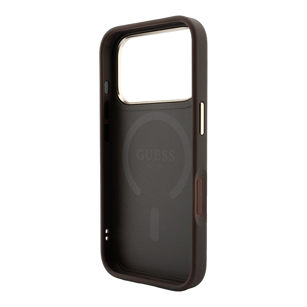 iPhone 18 Pro Max Kılıf Guess Orijinal Lisanslı M-safe Şarj Özellikli Metal Kamera Çerçeveli C-Magnet 4G Desenli Yazı Logolu Kılıf