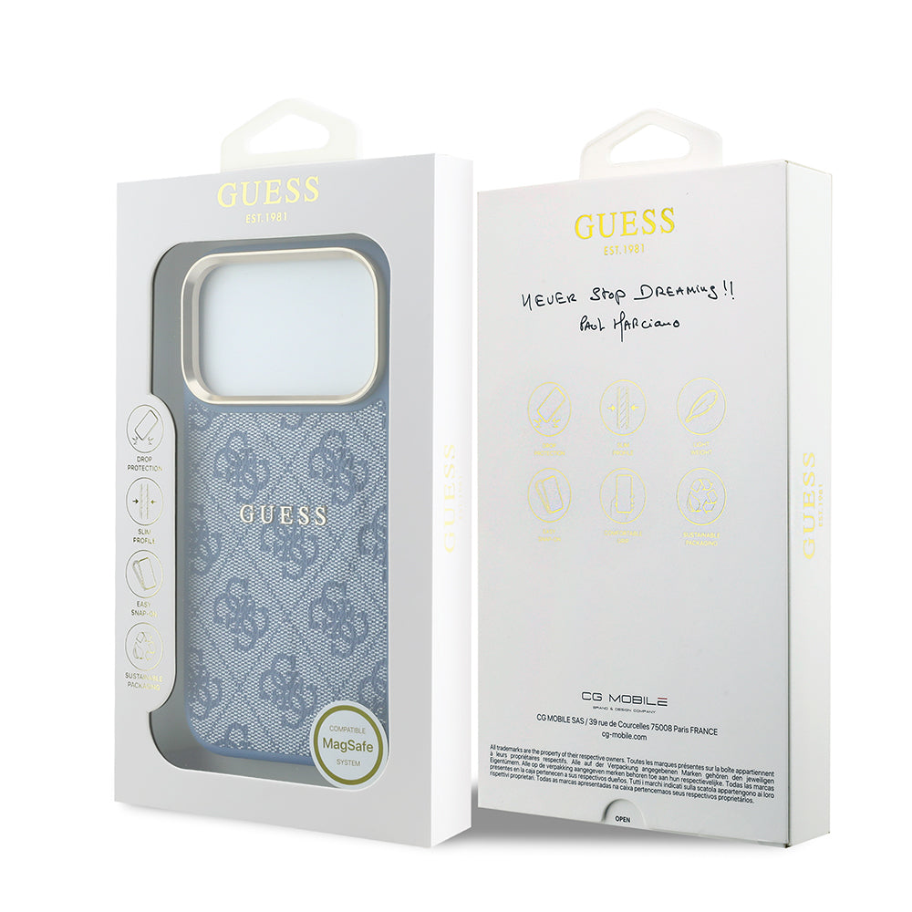 iPhone 18 Pro Max Kılıf Guess Orijinal Lisanslı M-safe Şarj Özellikli Metal Kamera Çerçeveli C-Magnet 4G Desenli Yazı Logolu Kılıf