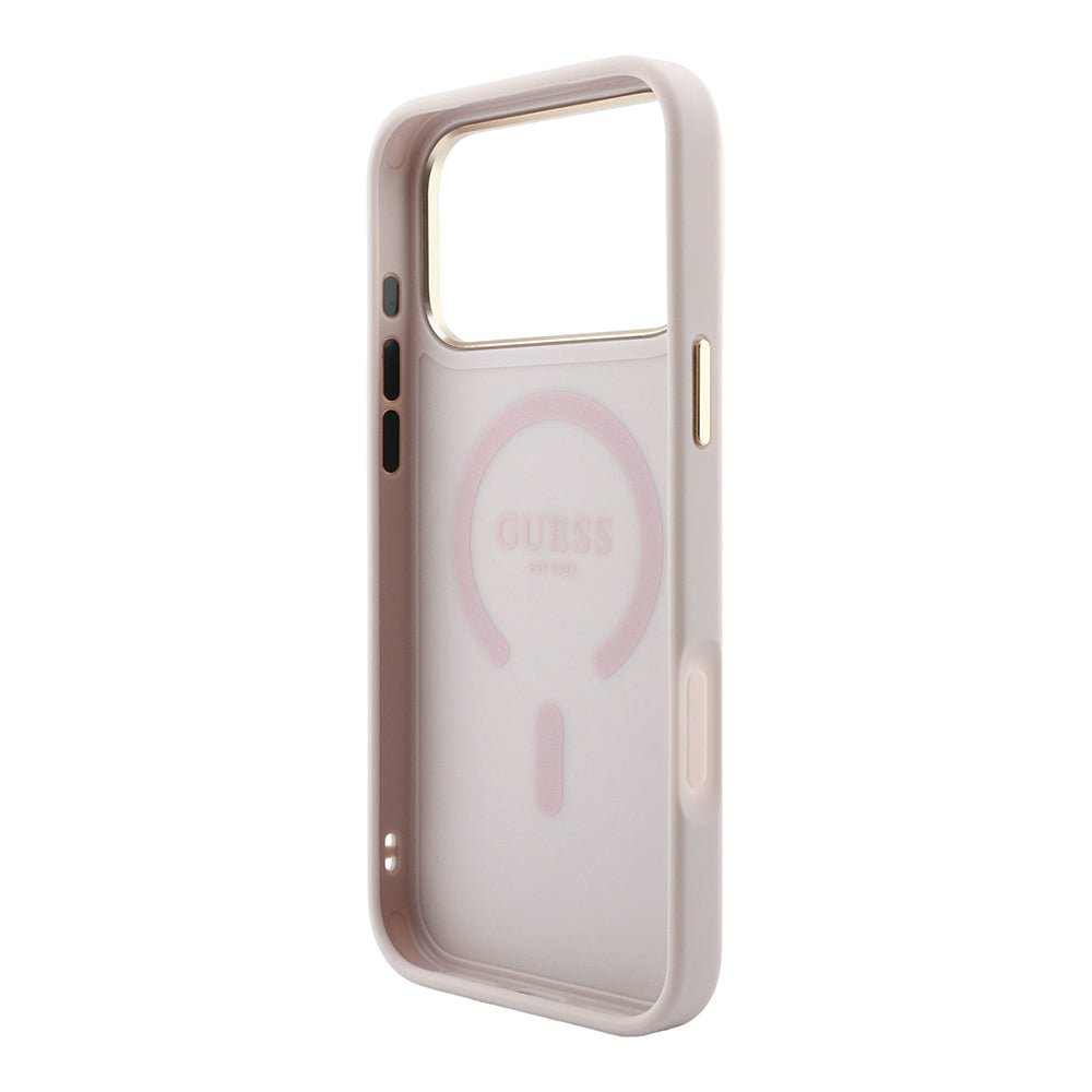 iPhone 18 Pro Max Kılıf Guess Orijinal Lisanslı M-safe Şarj Özellikli Metal Kamera Çerçeveli C-Magnet 4G Desenli Yazı Logolu Kılıf