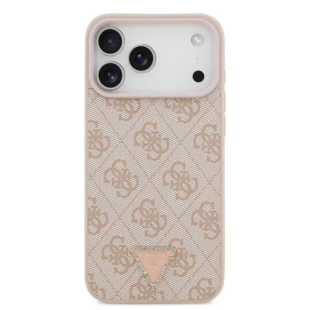 iPhone 18 Pro Max Kılıf Guess Orijinal Lisanslı M-safe Şarj Özellikli PU Deri Taşlı Üçgen Logo 4G Desenli Strass Kılıf