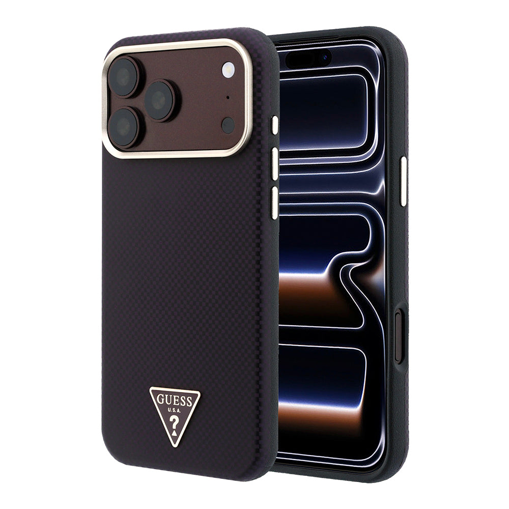 iPhone 18 Pro Max Kılıf Guess Orijinal Lisanslı M-safe Şarj Özellikli PU Metal Üçgen Logolu Karbon Fiber Kevlar Kılıf