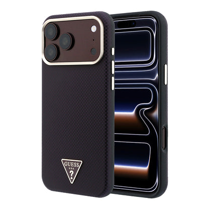 iPhone 18 Pro Max Kılıf Guess Orijinal Lisanslı M-safe Şarj Özellikli PU Metal Üçgen Logolu Karbon Fiber Kevlar Kılıf