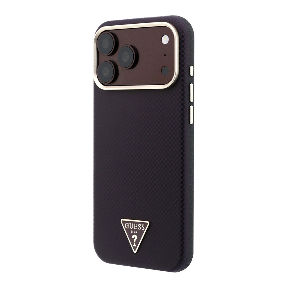 iPhone 18 Pro Max Kılıf Guess Orijinal Lisanslı M-safe Şarj Özellikli PU Metal Üçgen Logolu Karbon Fiber Kevlar Kılıf