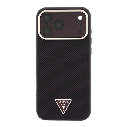 iPhone 18 Pro Max Kılıf Guess Orijinal Lisanslı M-safe Şarj Özellikli PU Metal Üçgen Logolu Karbon Fiber Kevlar Kılıf