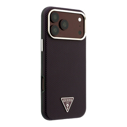 iPhone 18 Pro Max Kılıf Guess Orijinal Lisanslı M-safe Şarj Özellikli PU Metal Üçgen Logolu Karbon Fiber Kevlar Kılıf