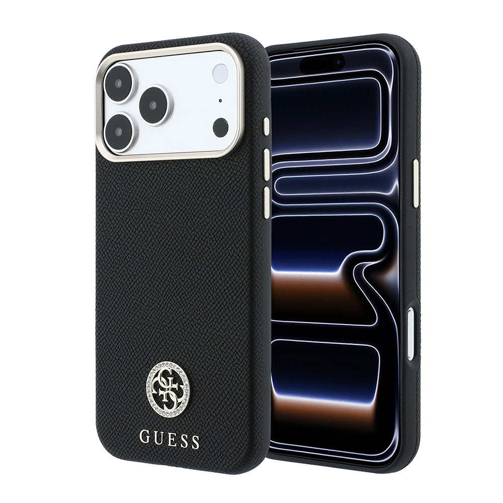 iPhone 18 Pro Max Kılıf Guess Orijinal Lisanslı M-safe Şarj Özellikli PU Taşlı Metal 4G ve Yazı Logolu Kılıf