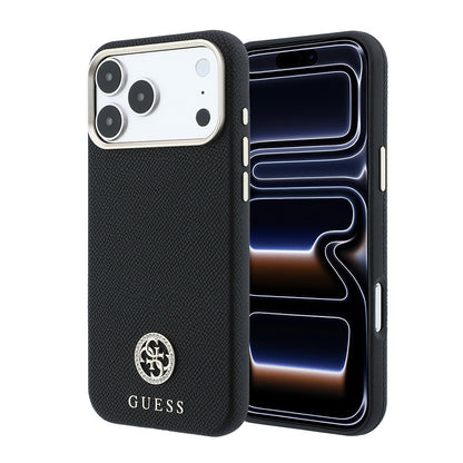 iPhone 18 Pro Max Kılıf Guess Orijinal Lisanslı M-safe Şarj Özellikli PU Taşlı Metal 4G ve Yazı Logolu Kılıf