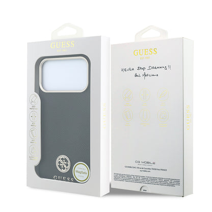 iPhone 18 Pro Max Kılıf Guess Orijinal Lisanslı M-safe Şarj Özellikli PU Taşlı Metal 4G ve Yazı Logolu Kılıf