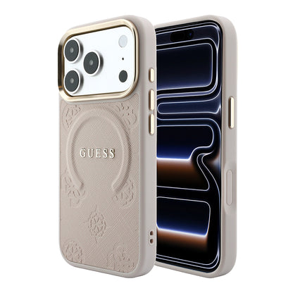 iPhone 18 Pro Max Kılıf Guess Orijinal Lisanslı M-safe Şarj Özellikli Sıcak Baskılı Yazı Logolu C-Magnet PU Deri Peony Kılıf