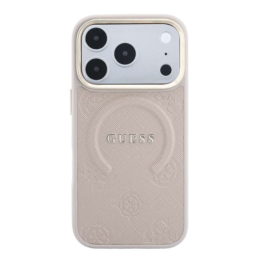 iPhone 18 Pro Max Kılıf Guess Orijinal Lisanslı M-safe Şarj Özellikli Sıcak Baskılı Yazı Logolu C-Magnet PU Deri Peony Kılıf