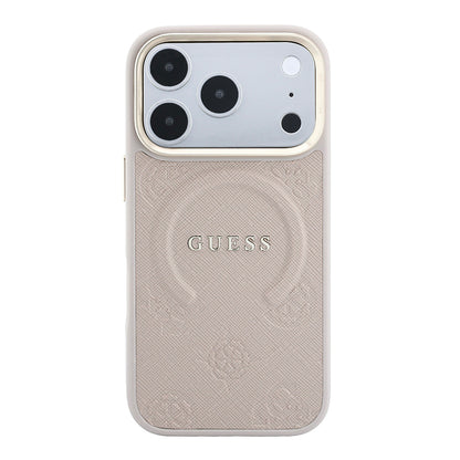 iPhone 18 Pro Max Kılıf Guess Orijinal Lisanslı M-safe Şarj Özellikli Sıcak Baskılı Yazı Logolu C-Magnet PU Deri Peony Kılıf