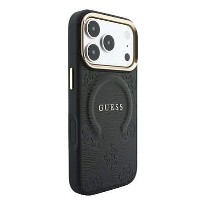 iPhone 18 Pro Max Kılıf Guess Orijinal Lisanslı M-safe Şarj Özellikli Sıcak Baskılı Yazı Logolu C-Magnet PU Deri Peony Kılıf