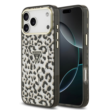 iPhone 18 Pro Max Kılıf Guess Orijinal Lisanslı M-safe Şarj Özellikli Üçgen Logolu Simli Leopar Desenli Kılıf