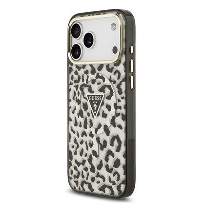 iPhone 18 Pro Max Kılıf Guess Orijinal Lisanslı M-safe Şarj Özellikli Üçgen Logolu Simli Leopar Desenli Kılıf