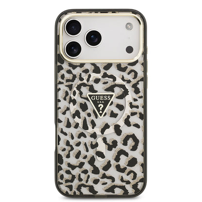 iPhone 18 Pro Max Kılıf Guess Orijinal Lisanslı M-safe Şarj Özellikli Üçgen Logolu Simli Leopar Desenli Kılıf